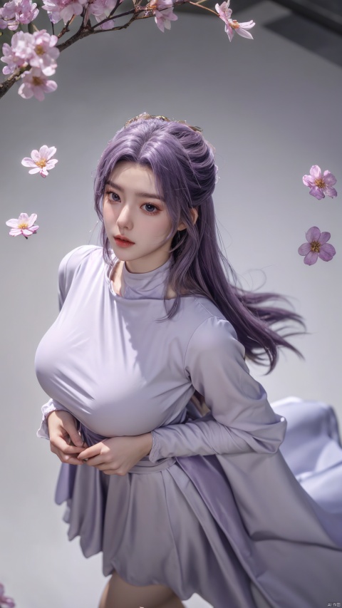  purple element,looking from above,above the knee,appear on camera,purple eyes,pink flower,XYunxiao,(big breasts:1.59),1girl,(purple Round neck dress:1.23),Masterpieces,