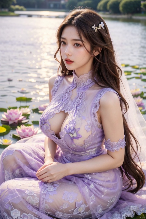  1girl, solo, long hair, looking at viewer, large breasts, brown hair,,masterpiece,1girl,(mature female:0.5),tall body,full body,golden proportions,(Kpop idol),(shiny skin:1.2),(oil skin:1.1),makeup,(close up),depth of field,(closed mouth:0.5),((long wavy brown hair)),(puffy eyes),(eyelashes:1.1),(parted lips:1.1),red lipstick,fantasy art style,dreamy light,(high neck purple wedding dress:1.59),(purple long wedding dress:1.39),(lace:1.49),perfect body,(dreamy veil:1.3),(dusk:1.2),(princess shoes:1.1),(diamond necklace),(crystal hairpin),tyndall effect,highres,(Sitting on the grass by the river:1.56), (lotus pond full of lotus flowers:1.59), (big breasts:2.23),(Flowers:1.69)