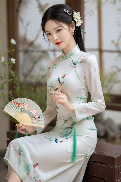  1girl, flower, solo, black hair, chinese clothes, hair ornament, hair flower, smile, indoors, vase, full body, red lips, holding, hand fan, long sleeves, blurry, own hands together, (big breast:1.69),cheongsam, X-Cheongsam, Lace_dress, X-aurora, song_hanfu, fantasy_butterfly, desert_sky