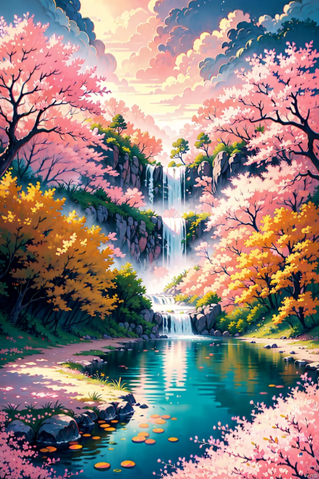  (Landscape painting full of illusory artistic conception), (high waterfall falling from the sky), the waterfall occupies 80% of the entire length of the picture, above the waterfall is the blue sky, rolling white clouds, below the waterfall is the pond, (the water of the pond is floating on the Many scattered (pink peach: 1.3) flowers), (there is a (peach forest: 1.3), (pink: 1.2) flower by the pond), (the setting sun shines slantly through the clouds), vividcolor (light particles Effect), (masterpiece), (extremely exquisite picture description), (8k wallpaper), (master painting), (ink painting style), (obvious light and shadow effect), (ray tracing), (obvious levels), (depth of field) ),(best quality),RAY, desert_sky, Succulent_Plants, Oil-paper umbrella