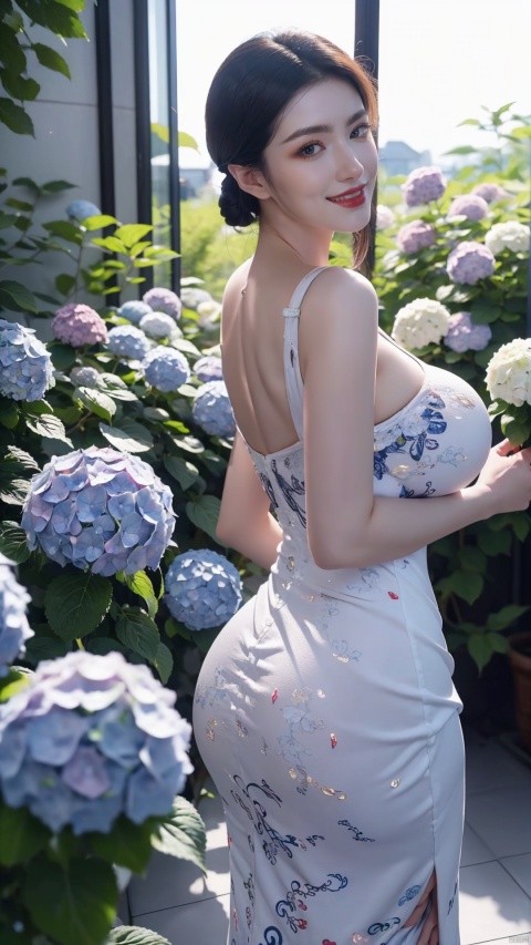  1girl,front,(Turn sideways, look back and smile),full body,mottledsunlight,hydrangea flowers field,photoparticle,refracted light,light particles,sparkle,backlighting,hydrangea flower,china dress\(haihang\),lingxing, (big breasts:1.99),
