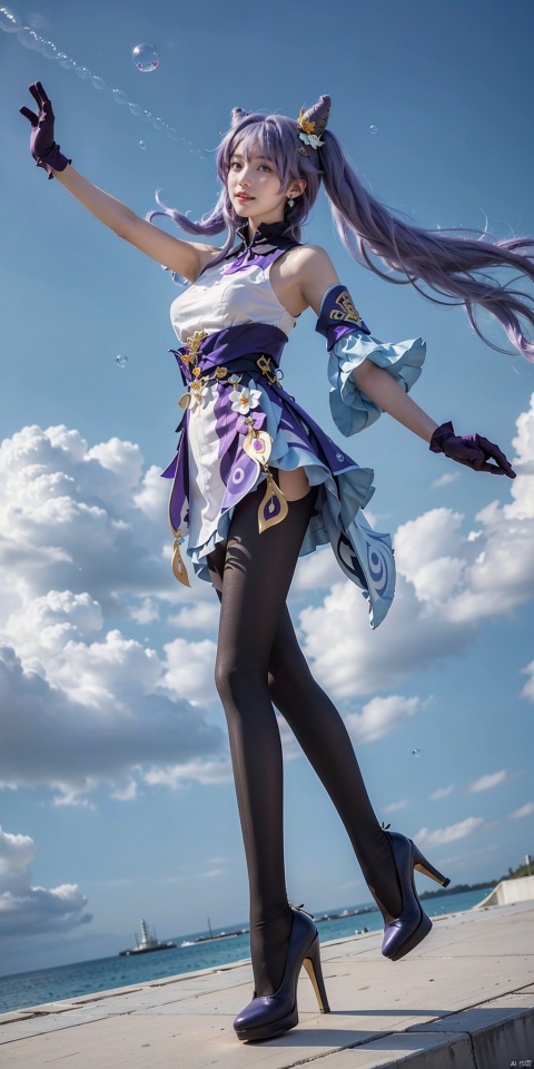  in the photo, the girl is floating in the sky, smiling at the camera, grin, surrounded by foam, Body glow, Arms outstretched,
(wide Angle, Low Angle, cloudy sky, bubble, foam, Super long purple hair floating in the sky, full body:1.5),

long purple hair, bangs, cone hair bun, double bun, hair flower, hair ornament, twintails, purple_eyes,
bare shoulders, large breasts, purple dress, large breasts, detached_sleeves, purple gloves, short sleeves,
black pantyhose, high_heels,
jewelry, earrings,

cloud, In the pool, swimming, keqing \(genshin impact\),

HDR, Vibrant colors, surreal photography, highly detailed, masterpiece, ultra high res,
high contrast, mysterious, cinematic, fantasy, bright natural light,houtufeng, pantyhose