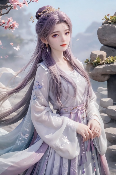  best quality,masterpiece,1girl,solo,long hair,looking at viewer,jewelry,closed mouth,purple eyes,upper body,purple hair,earrings,blurry,blurry background,sunlight,red lips,(big breasts:1.69), Yunxiao_xianzi, Brigitte Lin, X-aurora, pearl_shell, song_hanfu, fantasy_butterfly, Succulent_Plants, traditional chinese ink painting, hanfu, 2.5D