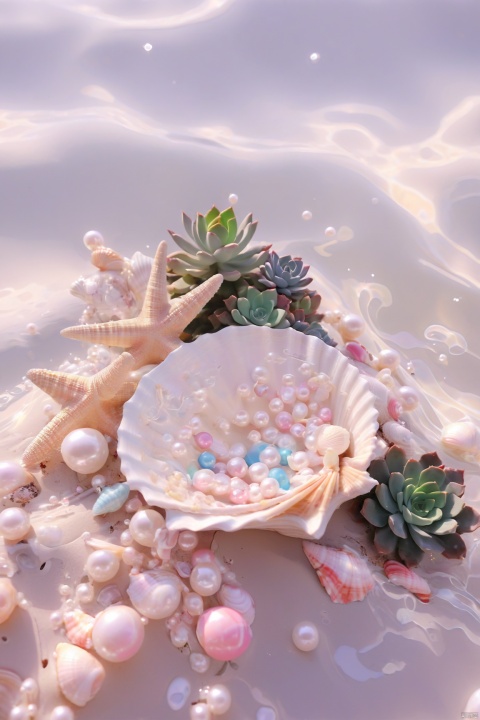 pearl_shell,shiny,no humans,still life,pearl,shell,beach,water, Succulent_Plants, weijin_hanfu, candy-coated