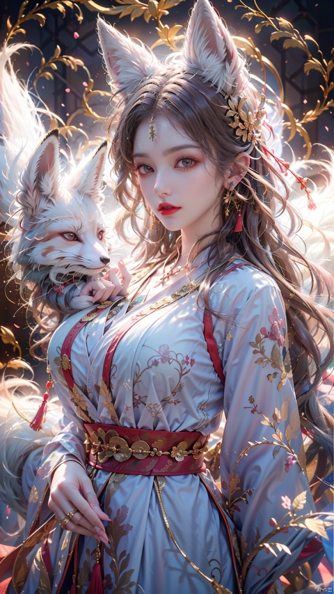  1 girl, solo, female focus, (Chinese dress）and red lips, bangs, earrings, kimono, Chinese cardigan, printed cloth, tassel, hand-held samurai knife.(Chinese dragon),(Huge Fox Pet),（White fox:1.5),(big breasts:1.39),
 (Masterpiece), (Very Detailed CGUnity 8K Wallpaper), Best Quality, High Resolution Illustrations, Stunning, Highlights, (Best Lighting, Best Shadows, A Very Delicate And Beautiful), (Enhanced) ·, long, machinery, Daofa Rune, shufa background, Spirit Fox Pendant