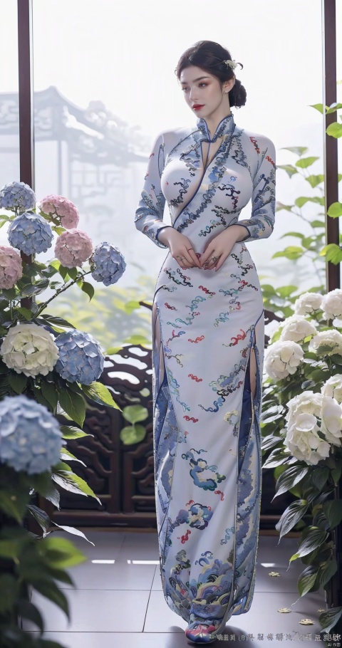 1girl,front,(full body),mottledsunlight,hydrangea flowers field,photoparticle,refracted light,light particles,sparkle,backlighting,hydrangea flower,china dress\(haihang\),lingxing, (big breasts:1.99),(Cheongsam with high slits for carrying around:1.69),(cleavage:1.5),(Deep V:1.5),