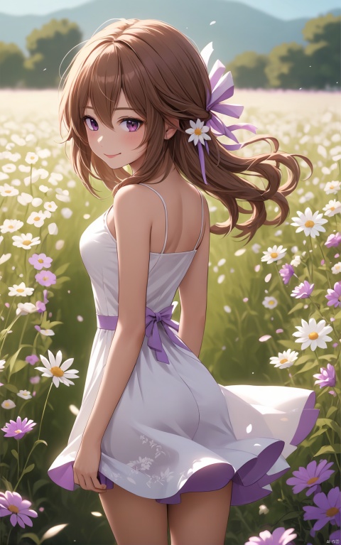  (masterpiece), (best quality), 1girl, solo, dress, flower, white dress, looking at viewer, hair ornament, looking back, brown hair, short hair, purple flower, brown eyes, sleeveless dress, sundress, flower field, field, skirt hold, sleeveless, bangs, bare shoulders, hair flower, bare arms, outdoors, from behind, standing, blurry, ribbon, closed mouth, depth of field, smile, spaghetti strap, parted lips,(big breasts:1.2)