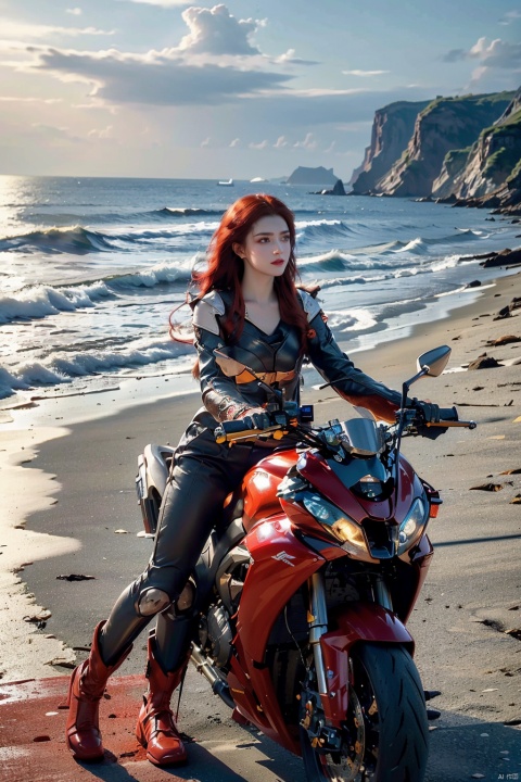  Masterpiece,best quality,(Highest picture quality),(Master's work),(ultra-detailed),{top quality},(sea background:1.2),(1 girl driving a motorcycle:1.4),(red hair:1.3),(bare long leg:1.1),desert background