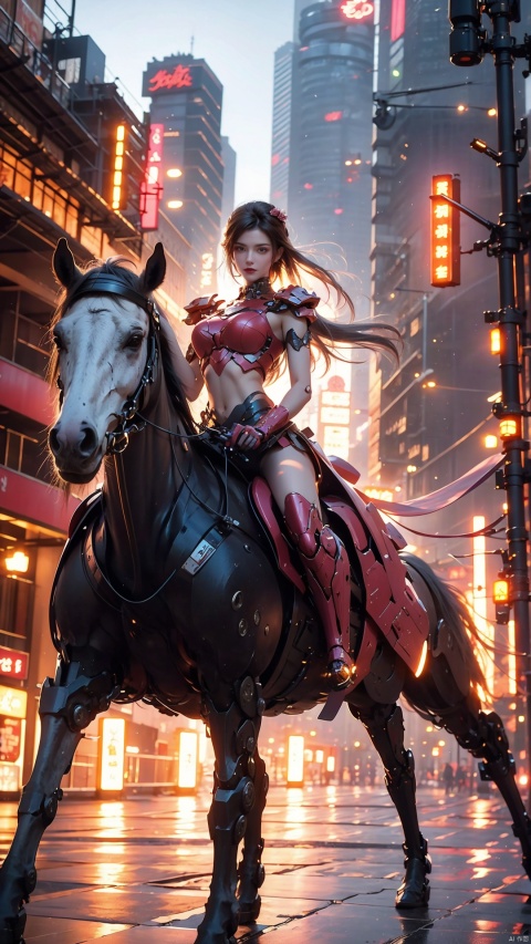  A semi mechanical woman riding a semi mechanical horse,mechanical warhorse,exoskeleton horse,mechanical horse armor,high quality, game CG, wallpaper, galloping on the streets, cyberpunk, mechanical joints, paint reflections, lights, neon lights,(mechanicalparts),mechanicalarm,cyberpunk,mechanicalbody,Pink Mecha