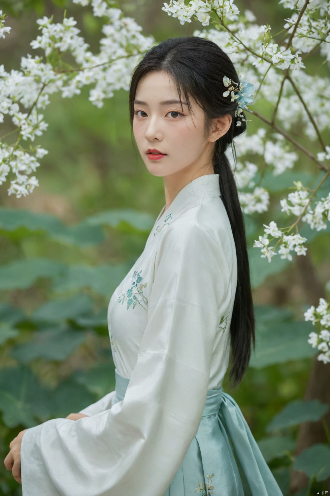  Enhanced, masterpiece, 16K, girl, Solo, Flower Field, rape flower, (\meng ze\), yue , hair ornament , hanfu,(big breasts:1.79), (full breasts:1.59),ming_hanfu, qingyi