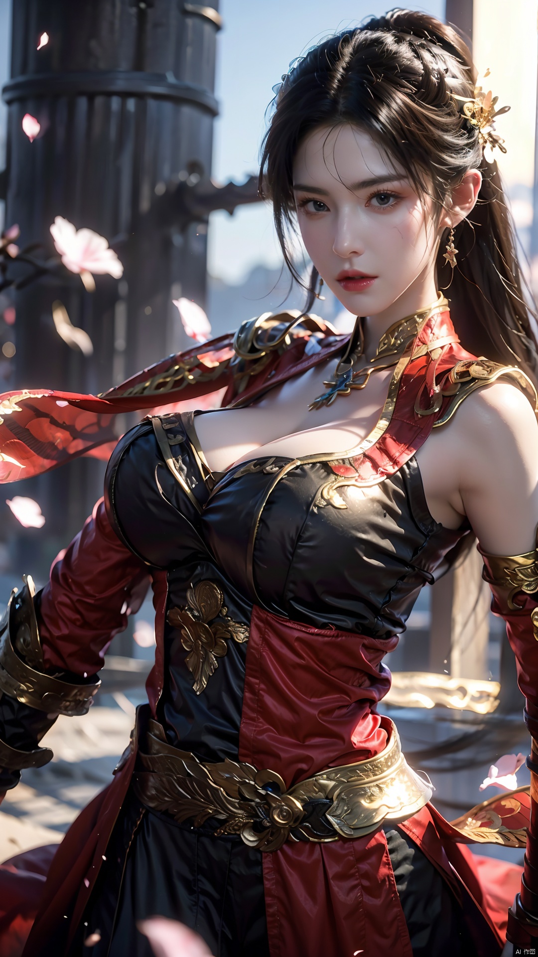  1girl,black hair,energy sword,glint,glowing sword,Unsheathed sword,solo,red Hanfu,Grasp the hilt with your hand,Brave and spirited,sword-dance,holding sword,looking at viewer,petals,solo,standing, ((poakl)), (\fan hua\), midjourney portrait, (big breasts:1.39),