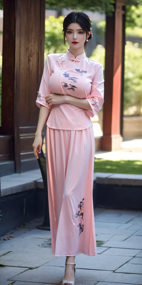  (pink printed chinese upshirt:1.1),
BREAK,
(long skirt:1.1),1 girl,(big breasts:1.8), high heels,(short hair:1.1), (realistic:1.7),((best quality)),absurdres,(ultra high res),full body,(photorealistic:1.6),photorealistic,octane render,(hyperrealistic:1.2), (big breasts:1.83), (photorealistic face:1.2), (8k), (4k), (Masterpiece),(realistic skin texture), (illustration, cinematic lighting,wallpaper),( beautiful eyes:1.2),((((perfect face)))),(cute),(standing),(black hair),(short hair), (outdoors), , long skirt, QIPAO,, (big breasts:1.86),1girl