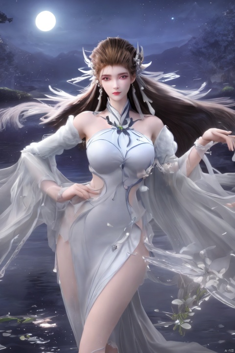 outdoor,(large breasts:1.29),flowers,floating hair,sky,rainbow,full moon,sky,stars,bamboo forest,river,1girl, solo, hair ornament, dress, jewelry looking at viewer, long hair,official art,looking at viewer,(extremely delicate and beautiful),Xbaiyijun,