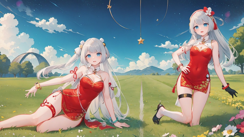  tian_qi_ji, 1girl, solo, long hair, braid, grey hair, medium breasts, bangs, blue eyes, gloves, dress, ribbon, cleavage, bare shoulders, jewelry, black footwear, bracelet, bare legs, covered navel, thigh strap, chinese clothes, red dress,

days, cloudy, stars, in a meadow, the top of the hill,