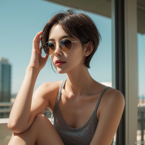  A short haired girl with a pair of sunglasses, medium, 4K, cinematic texture.