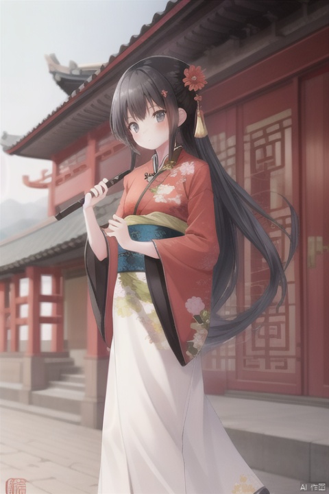 1girl, solo, long hair, black hair, holding, standing, outdoors, wide sleeves, blurry, watermark, chinese clothes, architecture, east asian architecture, hanfu

