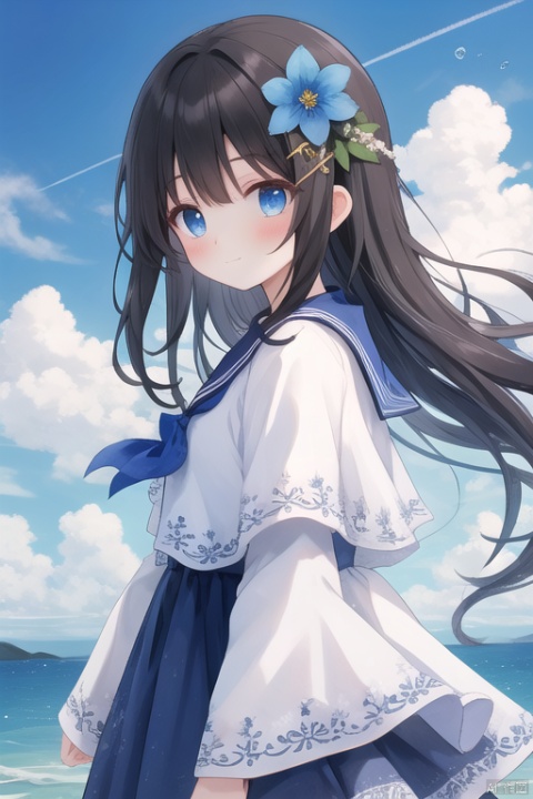 tianliang duohe fangdongye,chen bin,omone,,（(masterpiece, best quality)),beautifuldetailedlighting,1girl, solo, long hair, looking at viewer, bangs, blue eyes, black hair, hair ornament, long sleeves, dress, bow, closed mouth, flower, outdoors, sky, cloud, hair flower, sailor collar, water, from side, blue sky, capelet, ocean, cloudy sky, blue flower, blue theme, horizon
