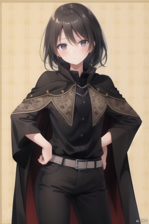 (masterpiece, best quality:1.2),patterned background, cowboy shot, solo, 1girl, ozen, expressionless, closed mouth, looking at viewer, hands on hips, black jacket, black cape, black pants
