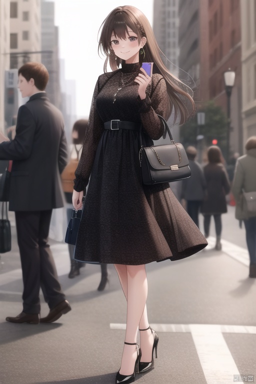 1girl, long_hair, looking_at_viewer, smile, brown_hair, black_hair, long_sleeves, dress, holding, jewelry, standing, full_body, earrings, outdoors, solo_focus, bag, blurry, high_heels, blurry_background, cellphone, smartphone, holding_phone, handbag, fashion, , yaya
