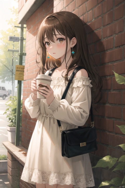(masterpiece), (best quality), illustration, ultra detailed, hdr, Depth of field, (colorful),1girl, solo, long hair, cup, bag, holding, looking at viewer, dress, brown hair, disposable cup, brown dress, leaf, falling leaves, bangs, blush, long sleeves, outdoors, handbag, holding cup, tears, parted lips, earrings, jewelry, standing, blurry, shoulder cutout, shoulder bag, coffee cup, crying, brick wall, crying with eyes open, hair between eyes, brown eyes
