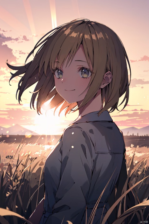 Best quality,masterpiece,ultra high res,photorealistic,raw photo,unity 8k wallpaper, panorama, cinematic lighting, on grass, sunset, dappled sunlight, golden hour lighting, backlighting, blurry background, (lens flare), wind, pastel colors, soft light, 1girl,floating short hair, smile,,upper body, girl,
