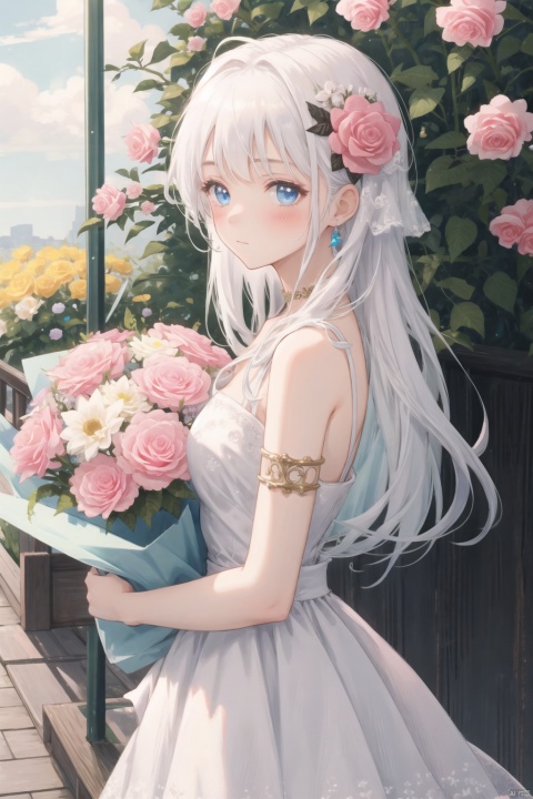 solo, 1girl, dress, flower, blue eyes, looking at viewer, long hair, hair ornament, white dress, hair flower, holding, bangs, white hair, bouquet, armlet, pink flower, sleeveless dress, bare shoulders, from side, sleeveless, holding bouquet, outdoors, breasts, rose, blush, closed mouth
