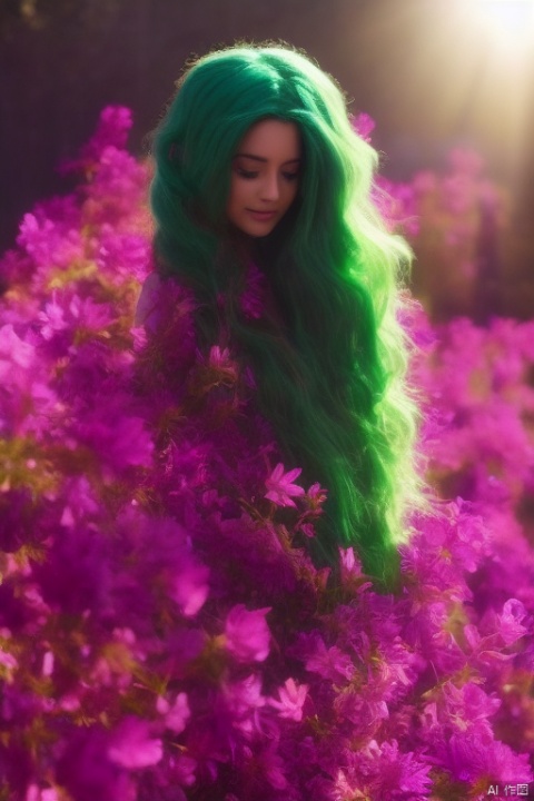 1girl, green hair, hazel eyes, butterfly wings, flower field, flowers in hair, dancing, aesthetic lighting
