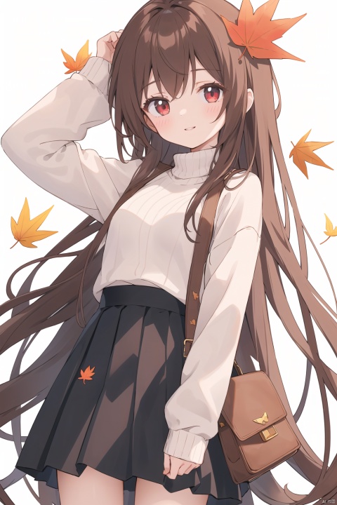 solo,long hair,red eyes,skirt,brown hair,leaf,bangs,white background,holding leaf,long sleeves,looking at viewer,holding,pleated skirt,parted lips,autumn leaves,white sweater,simple background,sweater,arm up,brown skirt,red skirt,maple leaf,very long hair,shirt,white shirt,ia-style(1girl,loli,evil smile,blush),
