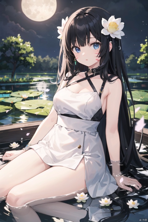 sdmai,bohenv,Lotus,lotus pond,water drops,1girl,solo,realistic,moon,black hair,breasts,long hair,dress,looking at viewer,white dress,full moon,medium breasts,water,parted lips,facial mark, , flowing skirts,（Giant flowers：1.2),
