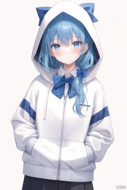 1girl, solo, long hair, looking at viewer, blush, bangs, blue eyes, simple background, shirt, long sleeves, white background, bow, closed mouth, blue hair, jacket, white shirt, ponytail, hair bow, open clothes, collared shirt, hood, bowtie, blue bow, hood down, white bow, blue jacket, hooded jacket, hands in pockets, blue bowtie
