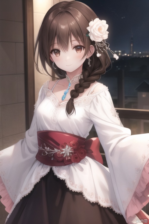 1girl, solo, brown hair, hair ornament, braid, long hair, wide sleeves, looking at viewer, brown eyes, jewelry, hair flower, long sleeves, sash, dress, mischevious smile, perfect body, scenery, sharp focus, best quality, masterpiece, detailed outfit, illustration, perfect eyes, finely detailed beautiful anime eyes, realistic skin, intricate details, best lighting, depth of field, ultra high resolution,cowboy_shot, dynamic pose, dynamic angle,
