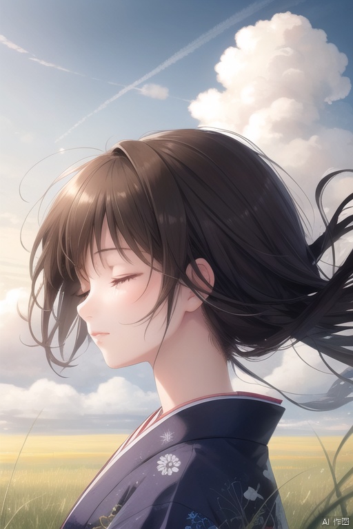 1girl, solo, sky, outdoors, cloud, day, closed eyes, wind, grass, blue sky, lips, closed mouth, nose, black hair, upper body, from side, profile, eyelashes, floating hair, realistic, cloudy sky, brown hair, japanese clothes, long hair, messy hair, kimono, watermark, maolilan, jiqing
