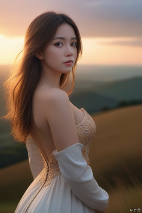masterpiece, intricate details, sharp focus, natural lighting, realistic, dusk, sunset, cloudy, the top of the hill, golden hour lighting, landscape/scenery, bust, girl, long hair, gradient hair, beautiful detailed eyes, arms behind back, medium breasts, revealing dress