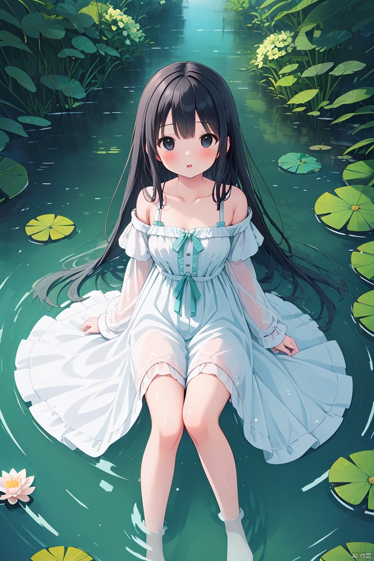  (masterpiece), (best quality), illustration, ultra detailed, hdr, Depth of field, (colorful), loli, 1girl, solo, dress, long hair, lily pad, flower, black hair, barefoot, water, white dress, looking at viewer, bare shoulders, bangs, blush, pink flower, off-shoulder dress, on back, lotus, lying, off shoulder, partially submerged, parted lips, bare legs, collarbone, outdoors, black eyes, breasts, aqua theme,