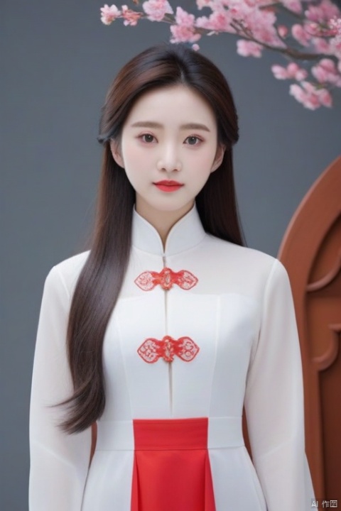 一位穿着古代服装的中国美女,长发飘逸、五官精致,身着华丽服饰,手持扇子或丝带在白墙的庭院背景下玩耍。她脚下绽放着粉红的牡丹花,两条色彩斑斓的蛇在她腰间缠绕。她跳着传统的舞蹈动作,营造出充满神秘感的古典风格,展现了传统中国艺术家的风范。