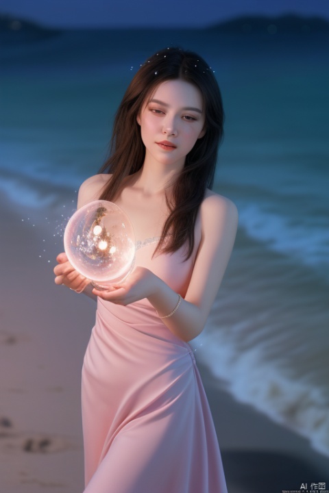 Many beautiful purple large shells and light pink conch shells in CG translation on the beach with a sparkling rosette ring,crystal clear as glass, 圆润脸庞，moonlight shining on the snow-white beach, blue sea, pearls, super details, fireflies, lighting effects, fairyland romance 1 by Thomas Kincaid, Krenz and Victor Nagy. Cgsociety Trend, Soft Light, Ultra Wide Angle, Distant View, Fairy Tale, Fantasy, 8K HD Wallpaper 1 Piece, Oversaturated, Character, Signature, Blur, Depth of Field Chapter，【正确的手】