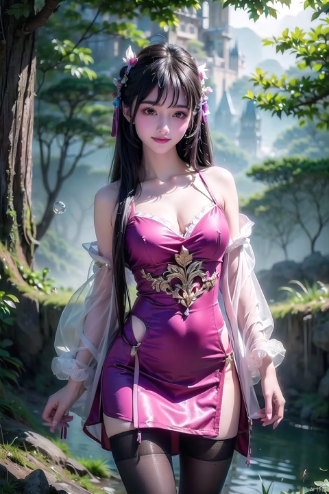  (Masterpiece, best quality: 1.5), surreal, 1 girl, straight bangs, long hair, straight hair, portrait, mysterious forest, sweet smiling girl, pantyhose, sexy pantyhose,
Exquisitely decorated tight fitting dress, medium chest, exquisite and realistic details, magical tower background, mysterious fantasy world, beautiful visuals