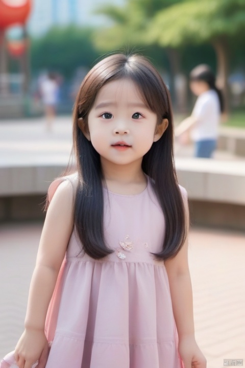 A 4-year-old Chinese girl with long hair, big eyes, round face, fashionable attire, In the children's park 