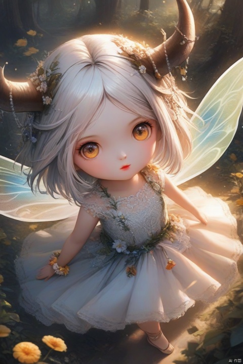  extremely delicate and beautiful,(fantasy),ultra detailed,(extreme detailed illustration),highres,translucent hair, (glowing inner hair),the perfect appearance,(Elk horn on head:1.15),white hair,[blue eyes | yellow eyes],(barefoot sandals:1.25),(forest:1.2),(lace-trimmed dress:1.15),(chiaroscuro lighting:1.2),see-through clothes,(profile:0.85),(looking at viewer:1.25),(flower bracelet),elf,short hair,(mature woman),walking,from above, (fairy wings:1.1), 1girl, xinniang,msn,backlight