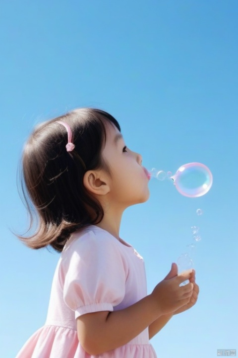 A cute little girl blowing bubbles, back view, blue sky, real photography, blank space, simplicity, 