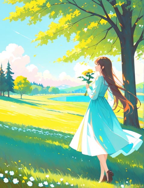  (masterpiece),(best quality) flat-style,1girl, outdoors, tree, solo, flower, dress, holding flower, holding, grass, sky, scenery, brown hair, standing, cloud, long sleeves, day, white flower, long hair, nature