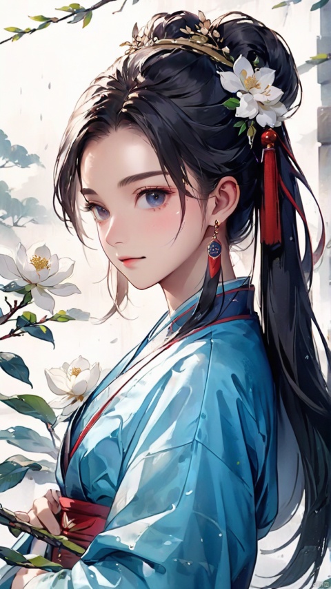  Textured skin,skin particles,masterpiece,best quality,8K,official art,ultra high res,In the misty rain in Jiangnan, a woman came toward her,Beautiful features, Look into the camera,blue clothes, Hanfu, falling horse bun, gardenia headwear, earrings, facing the audience, elegant and charming,