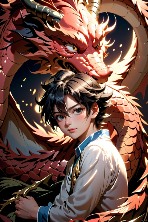  anime artwork BJ_Sacred_beast_Illustration,red_Dragon,1 boy,solo,blush,bangs,shirt,black_hair,closed_eyes,skirt,lying,medium_hair,on_side,sleeping,dragon,scales,eastern_dragon,photo,8k,intricate,highly detailed,majestic,digital photography,broken glass,(masterpiece, sidelighting, finely detailed beautiful eyes:1.2),hdr,realistic,high definition,, . anime style, key visual, vibrant, studio anime, highly detailed, BJ_Sacred_beast_Illustration, BJ_debris, xxmix_girl, sayaairie, Chinese new_year, guofeng