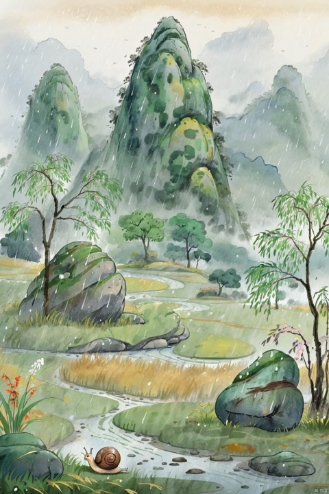  ((masterpiece)), ((best quality)),raining, Fields, side paths, willow trees, grass, mountains,mist,1 little snail sitting on the rock,looking at the fields,rainforrest raining
, guofeng