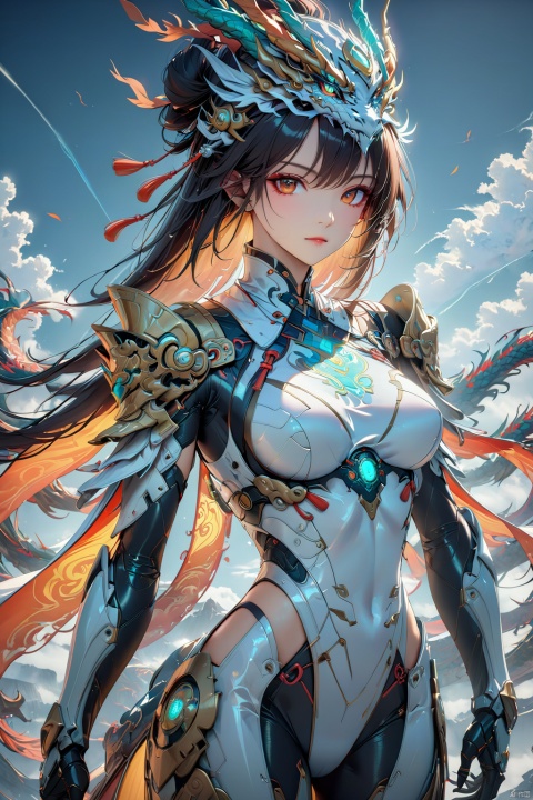 32K ultra-high resolution,1girl,solo,full-body portrait of a classical female mech-warrior,seamlessly integrating Tang Dynasty armor with futuristic elements,embellished with luminous Yunlong (cloud dragon) and Taotie (beast face) motifs,constructed with advanced sci-fi materials,rendered in Unreal Engine for hyperrealistic detail,blending realism with surrealistic touches,