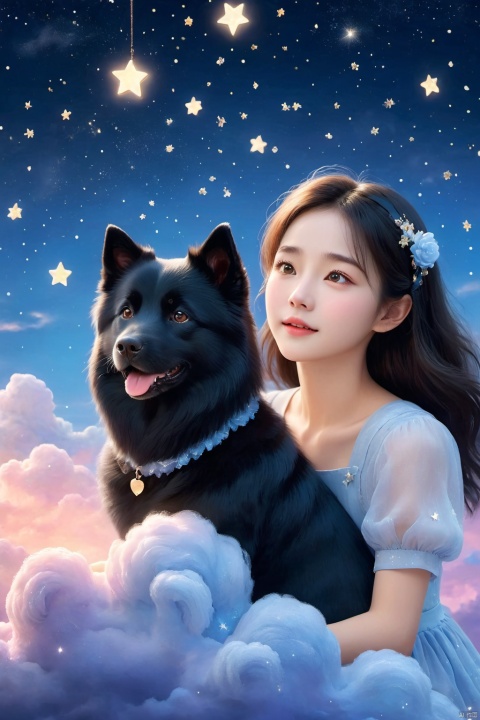  llustration style, hand-painted style,Black furry llustration dog , sparkling Blister,dream, dreamy, stars, soft, clouds, decoration, great works, 8k, movie texture, movie cg, clear details, rich picture, keai, 1girl