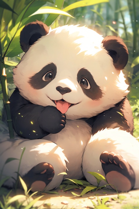  cute,no humans, bamboo,Bamboo forest, solo,panda, open mouth, blush, sitting, smile, outdoors, blurry, holding, tongue, brown eyes, day, cute,(panda:1.2), Face Score, bailing_monster,1 Panda,full body, (masterpiece, photo realism) (best quality) (dramatic lighting) (clear focus), exposure mixing,defocus, not looking at the camera, dynamic action style, depth of field, (hdr: 1.4), high contrast, advanced sense, Dark green tones, (movie, green and white: 0.85), (soft colors, dim colors, soothing tones: 1.3),