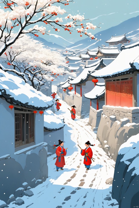  Thick Tu Guomang, Feng Zikai, textbook illustrations, children's illustrations, Northeast Snow Village, with heavy snowfall,plum blossom, a group of children playing with snow, villages, elegant and simple, novel illustration style, depicting rural life, warm scenes, children's book illustrations, official art, digital painting, fine character portrayal, clear facial features, complete fingers, perfect composition, concept art