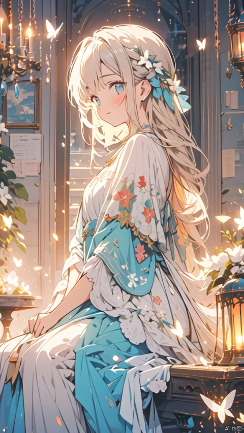  masterpiece,best quality,intricate detailed,glowing butterfly,1girl,from left side,long hair,blonde hair,whitedress