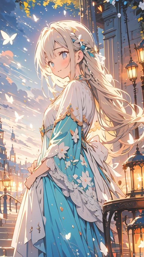  masterpiece,best quality,intricate detailed,glowing butterfly,1girl,from left side,long hair,blonde hair,whitedress